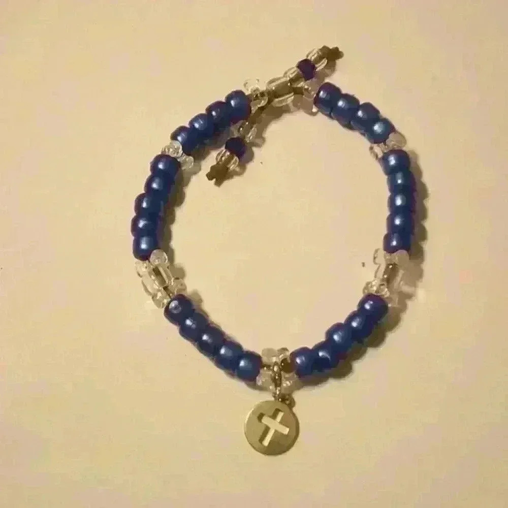 Handmade Cross & Beads on Leather Bracelet